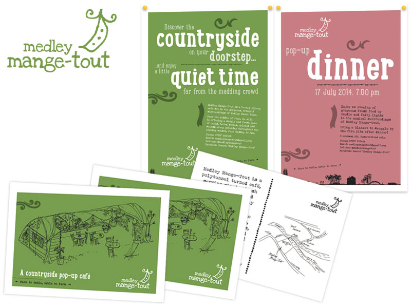 Medley Mange-Tout logo, posters and postcard