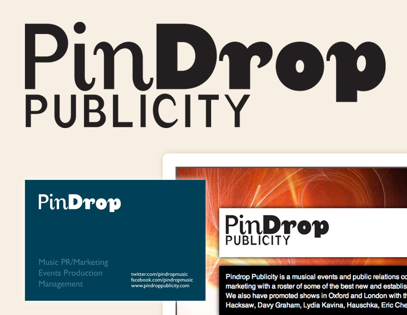 Pindrop Publicity logo, business card and website