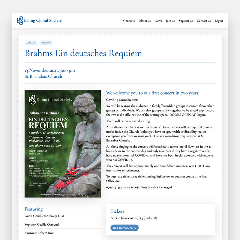 Ealing Choral Society website screenshot