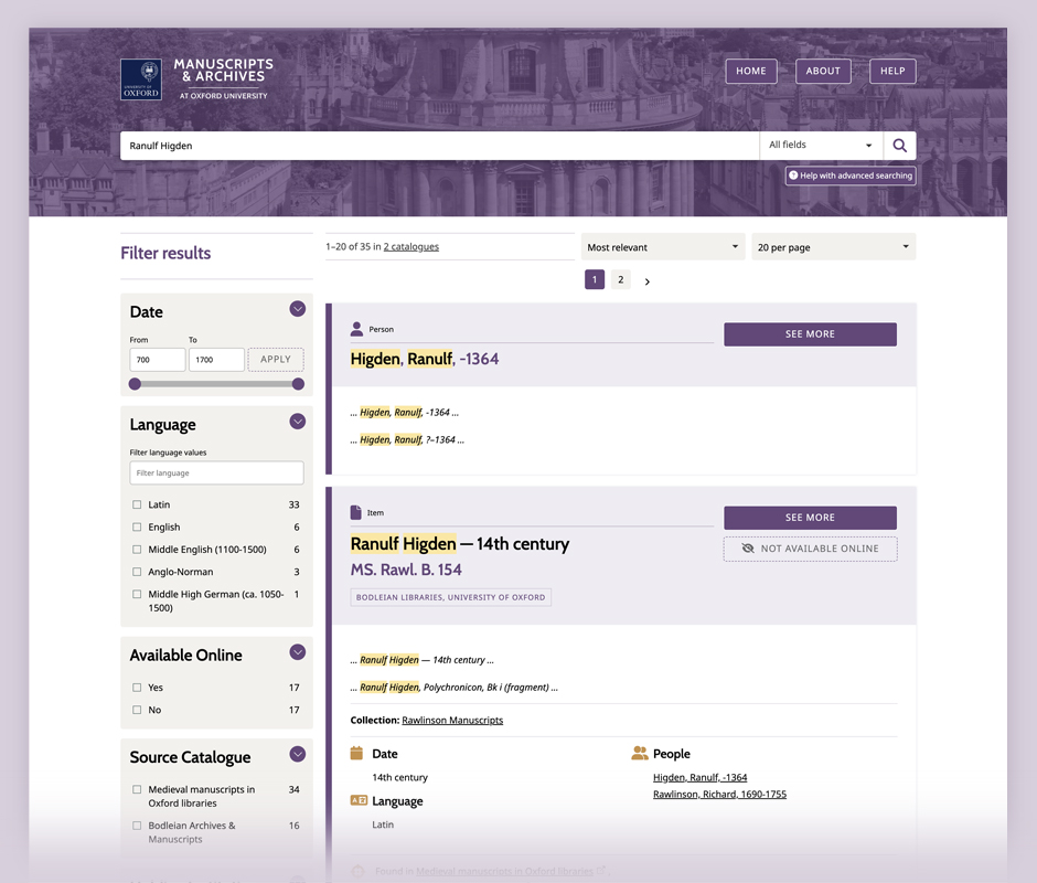 University of Oxford MARCO search design – search results