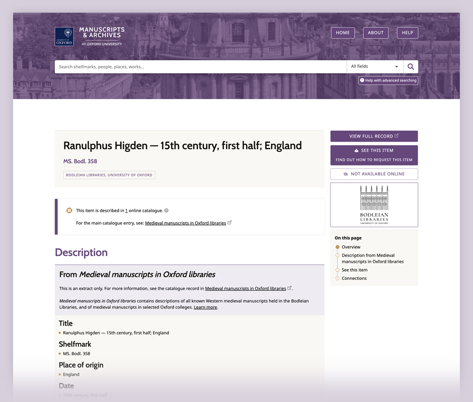 University of Oxford MARCO search design – record page