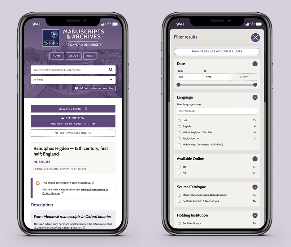 University of Oxford MARCO search design – mobile design